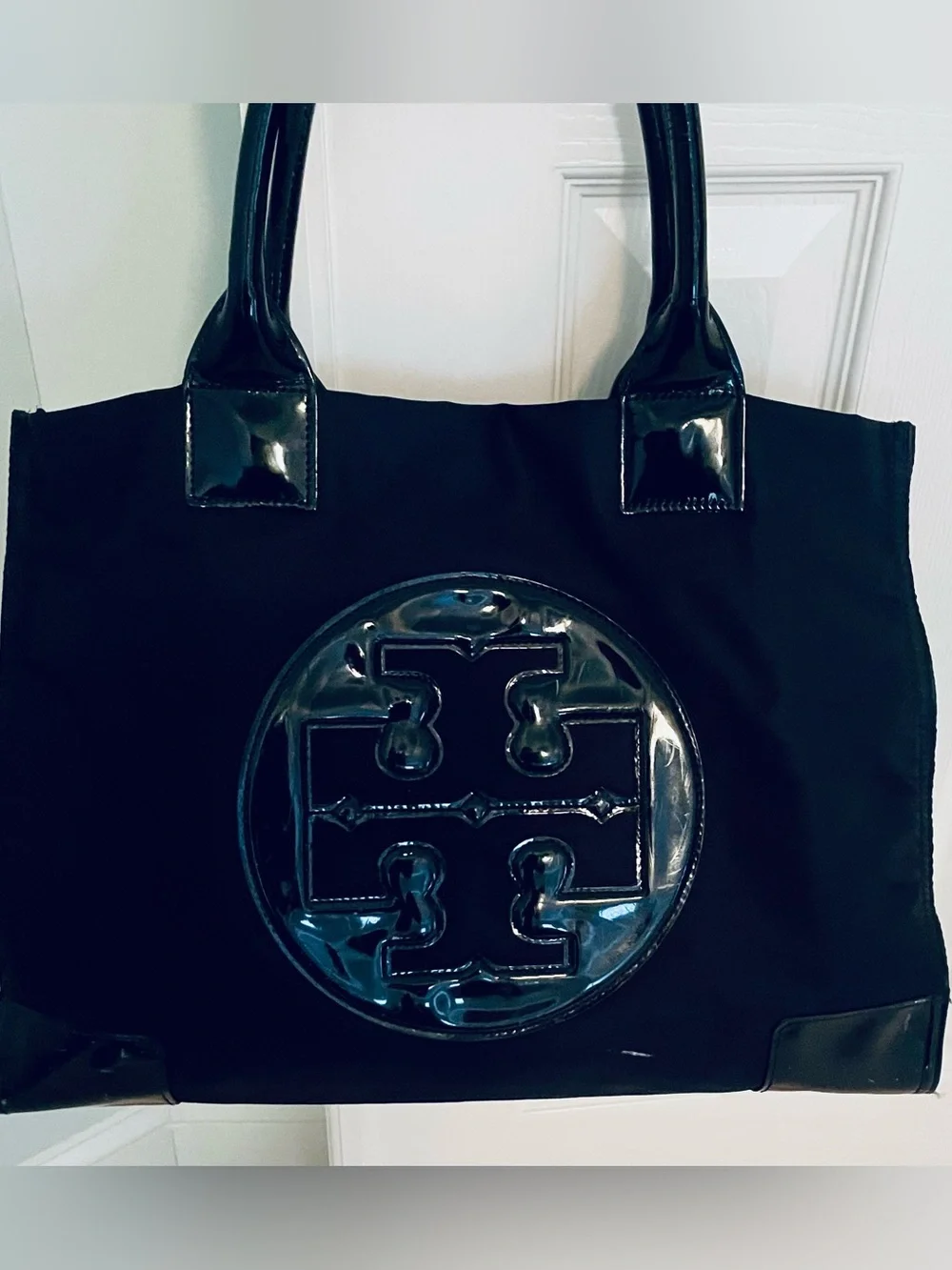 Tory Burch Black Nylon Ella Large Tote Bag Patent Logo